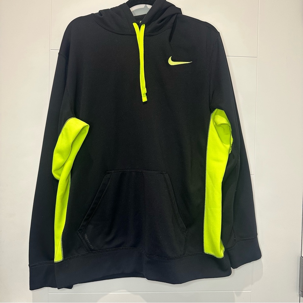 Nike Black and Neon Green Hoodie Therma fit Size L
